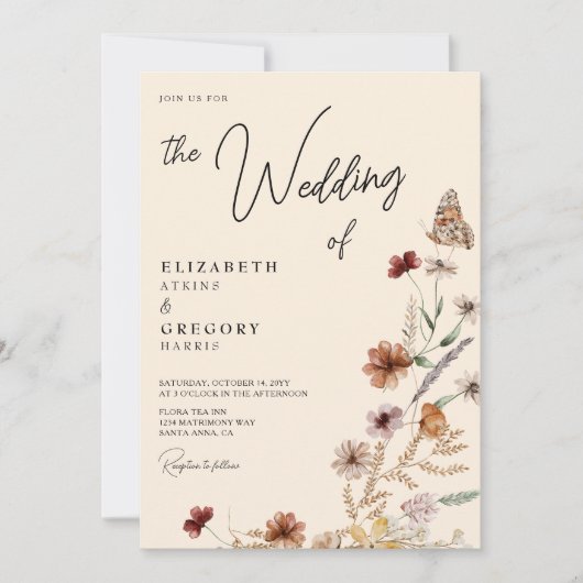 ボホ素朴バタフライ秋ワイルドフラワー結婚ズ 招待状 (正面)