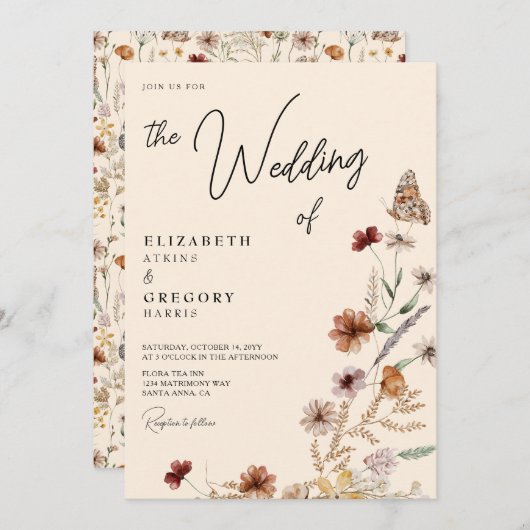 ボホ素朴バタフライ秋ワイルドフラワー結婚ズ 招待状 (正面/裏面)