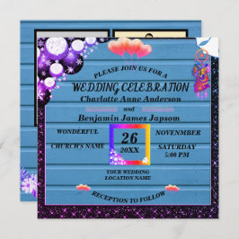 ボホ素朴パープルグリッターブルーウッド結婚ズ 招待状