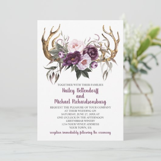 ボホ素朴パープルプラム牡丹〔雄ジカの〕枝角結婚ズ 招待状 (スタンド正面)