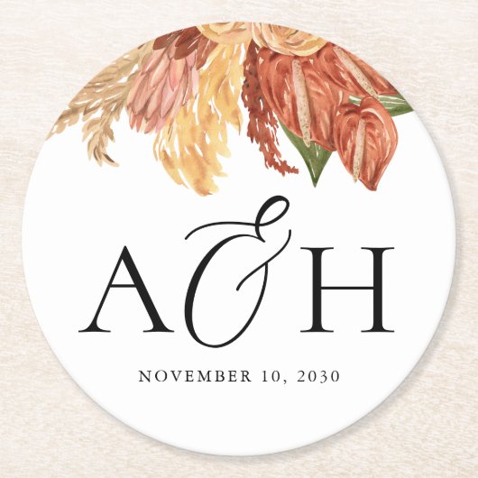 ボホ素朴パームリーフモノグラム結婚ズ ラウンドペーパーコースター (正面)