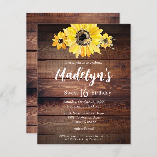 ボホ素朴ヒマワリの木の納屋スウィート16誕生日 招待状 (正面/裏面)