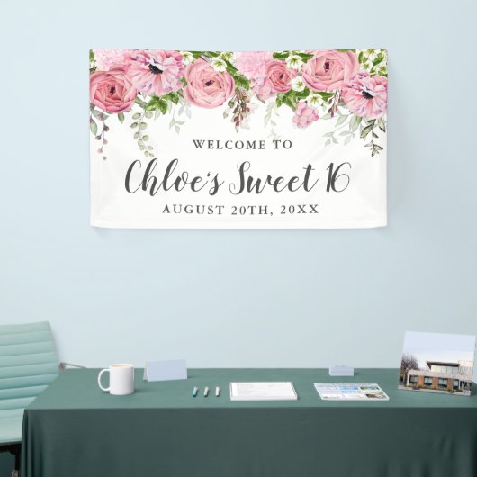 ボホ素朴ピンクと白フローラスウィート16パーティー 横断幕 (トレードショー)