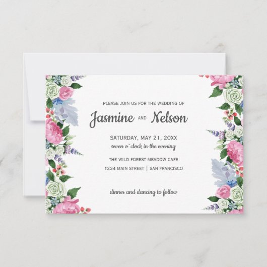 ボホ素朴ピンクの薄紫縁どフローラの結婚値 招待状 (正面)