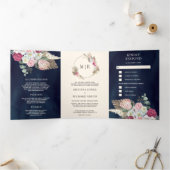 ボホ素朴ピンクフローラパンパスネイビーブルー結婚ズ 三つ折り招待状 (内部)
