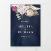 ボホ素朴ピンクフローラパンパスネイビーブルー結婚ズ 三つ折り招待状 (カバー)