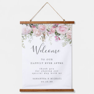 ボホ素朴ピンクホワイトフローラ結婚のウェルカムサイン 吊り下げ型タペストリー