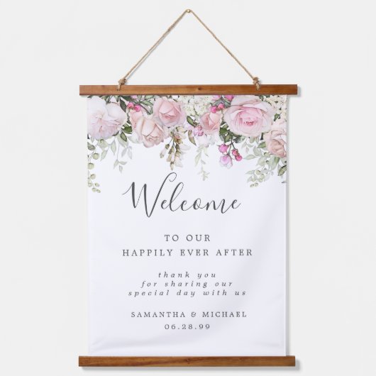 ボホ素朴ピンクホワイトフローラ結婚のウェルカムサイン 吊り下げ型タペストリー (正面)