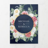 ボホ素朴ピンクローズフローラネイビーQRコード結婚ズ 三つ折り招待状 (カバー)