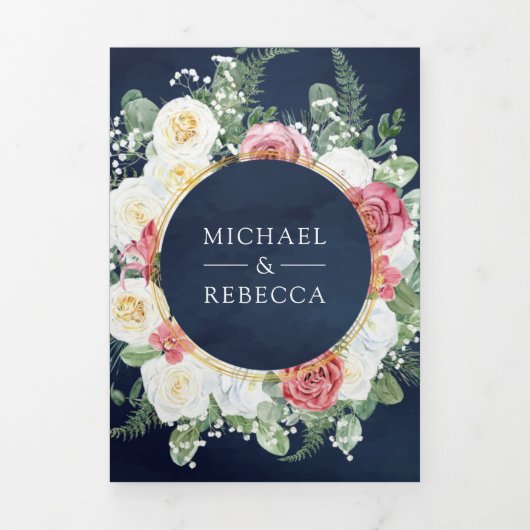 ボホ素朴ピンクローズフローラネイビーQRコード結婚ズ 三つ折り招待状 (カバー)