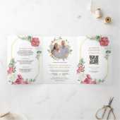 ボホ素朴ピンクローズフローラQRコード結婚ズ 三つ折り招待状 (内部)