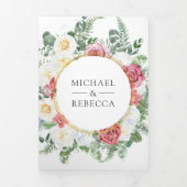 ボホ素朴ピンクローズフローラQRコード結婚ズ 三つ折り招待状 (カバー)