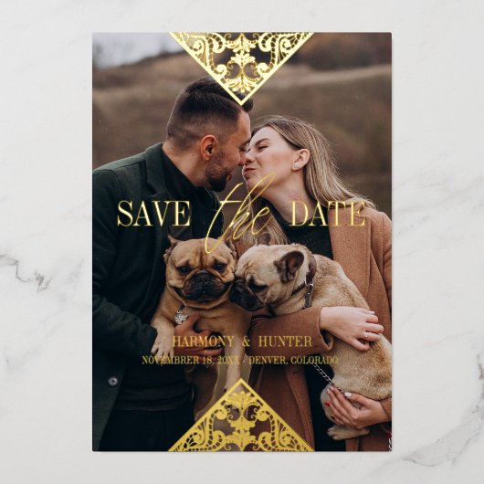 ボホ素朴ファンシーレースエフェクトお洒落タイポグラフィ 箔招待状 (正面)