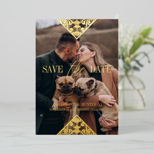 ボホ素朴ファンシーレースエフェクトお洒落タイポグラフィ 箔招待状 (立ち正面)