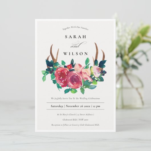 ボホ素朴フローラスタン〔雄ジカの〕枝角ウェディング招待 サンキューカード (スタンド正面)