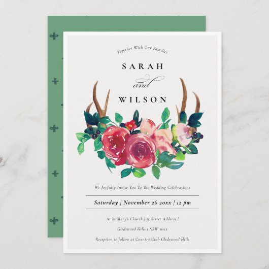 ボホ素朴フローラスタン〔雄ジカの〕枝角ウェディング招待 サンキューカード (正面/裏面)