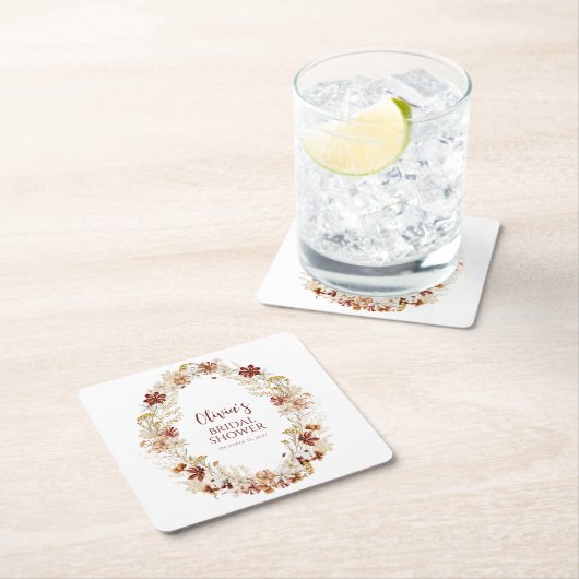 ボホ素朴フローラブルゴーニュブライダルシャワーカスタム スクエアペーパーコースター (インサイチュ)