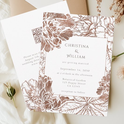 ボホ素朴フローラモカ結婚ブラウンのQRコード 招待状