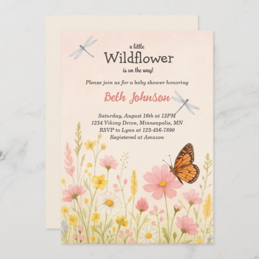 ボホ素朴フローラリトルワイルドフラワーベビーシャワー 招待状 (正面/裏面)