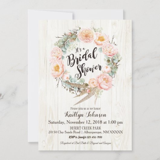 ボホ素朴フローラリースブライダルシャワー 招待状 (正面)