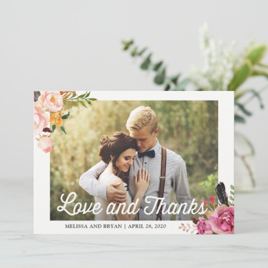 ボホ素朴フローラ結婚の写真の愛と感謝していの サンキューカード (スタンド正面)