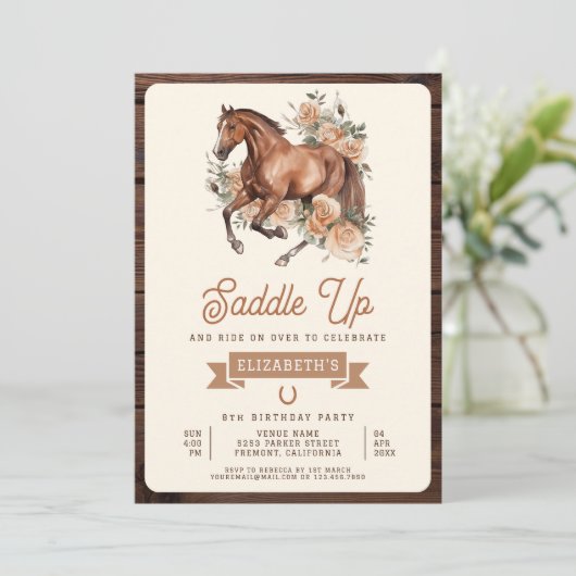 ボホ素朴フローラ馬女性のカーボーイ誕生日パーティー 招待状 (スタンド正面)