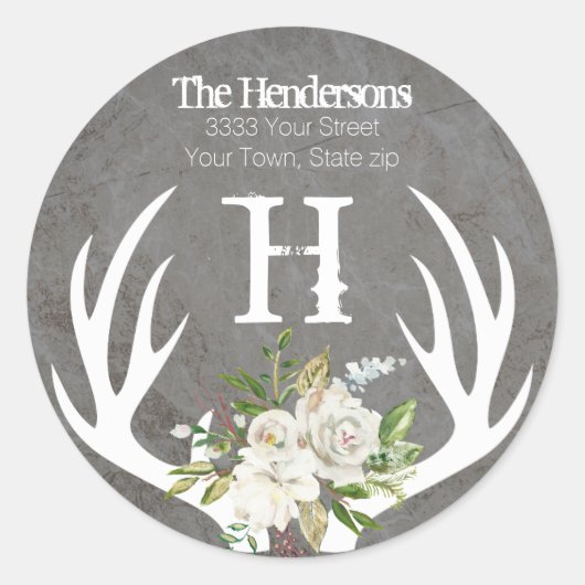 ボホ素朴フローラ〔雄ジカの〕枝角モノグラム差出人住所 ラウンドシール (正面)