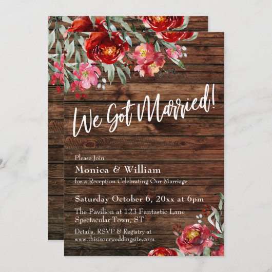 ボホ素朴ブルゴーニュ赤フローラ得We 結婚した 招待状 (正面/裏面)