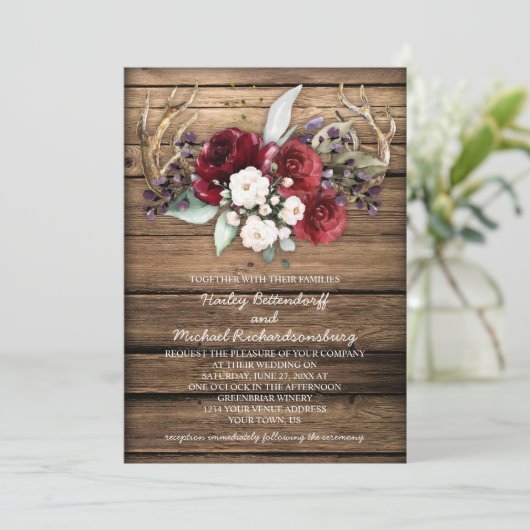 ボホ素朴ブルゴーニュ&ホワイトローズ〔雄ジカの〕枝角ズ結婚ズ 招待状 (スタンド正面)