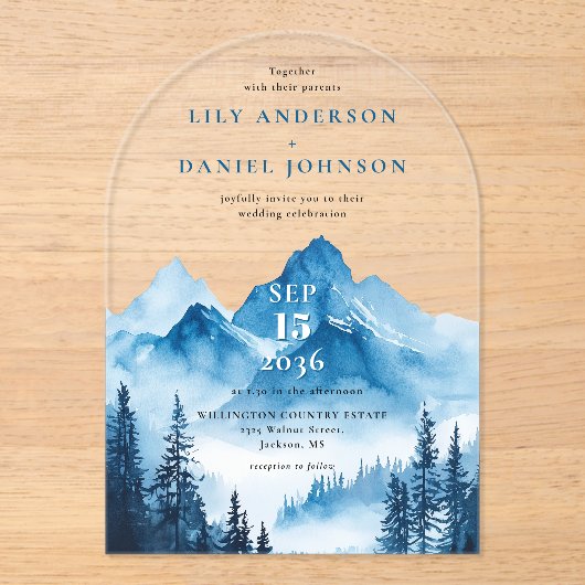 ボホ素朴ブルーウォーターカラーマウンテン結婚ズ アクリル招待状 (正面)