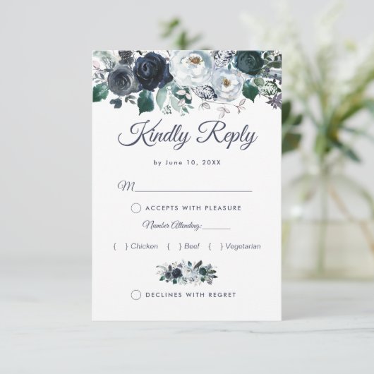 ボホ素朴ブルーフローラ結婚式RSVPメニュー 出欠カード (スタンド正面)