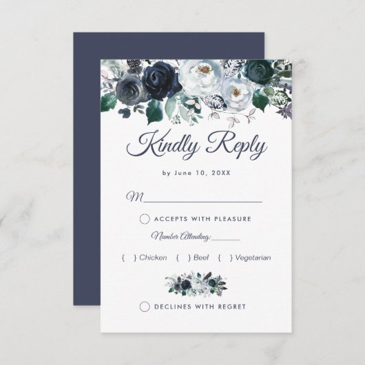ボホ素朴ブルーフローラ結婚式RSVPメニュー 出欠カード (正面/裏面)