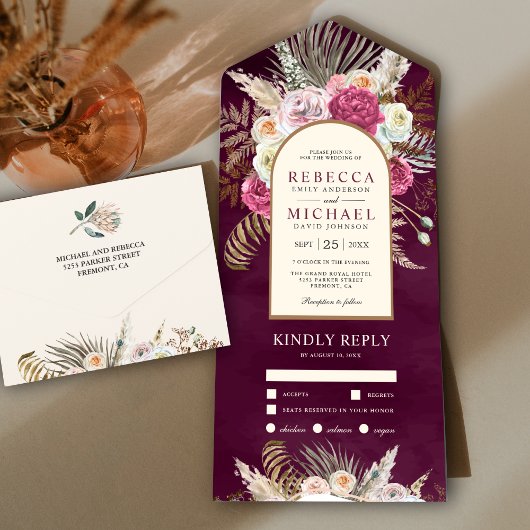 ボホ素朴プラムフローラブーケアー結婚チズ オールインワン招待状