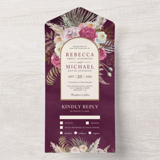 ボホ素朴プラムフローラブーケアー結婚チズ オールインワン招待状 (内側)