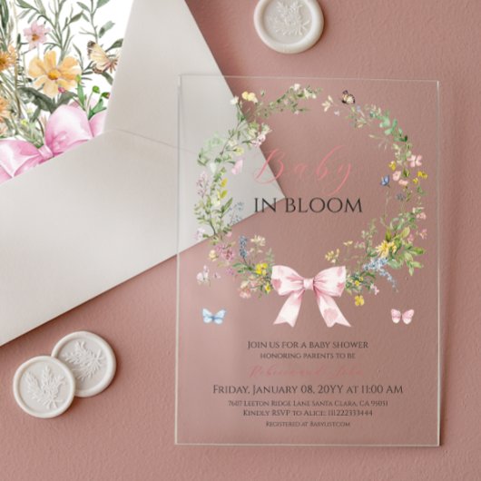 ボホ素朴ベビーイン開花ピンクボウベイビーシャワー アクリル招待状