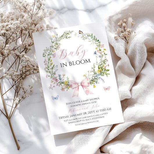 ボホ素朴ベビーイン開花ピンクボウベイビーシャワー 招待状