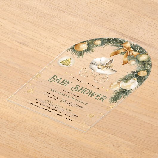 ボホ素朴ベビーカー冬クリスマスベビーシャワー アクリル招待状 (レイダウン)