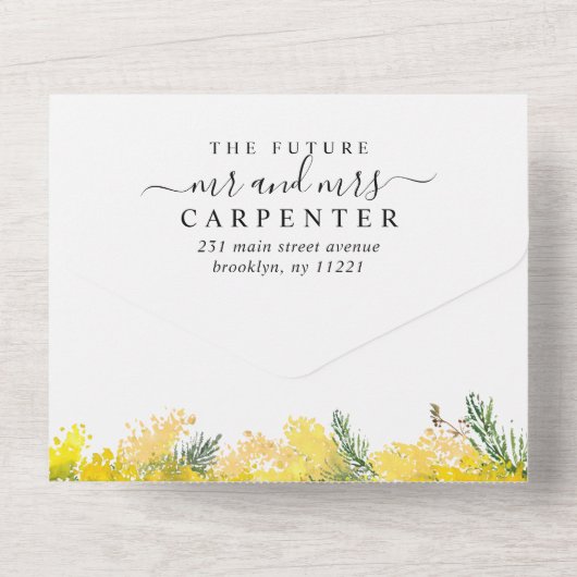 ボホ素朴マスタードイエローフローラ夏結婚の オールインワン招待状 (裏面)