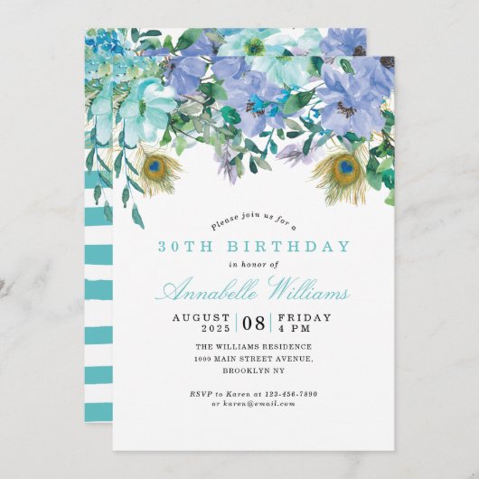 ボホ素朴ミントグリーンブルーフローラ30th誕生日 招待状 (正面/裏面)