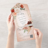 ボホ素朴ラストピーチフローラフレーム赤面QRコード オールインワン招待状 (貼ってはがせる)