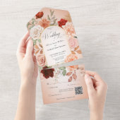 ボホ素朴ラスト&ピーチフローラアーチ赤面QRコード オールインワン招待状 (貼ってはがせる)