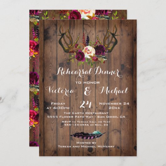 ボホ素朴リハーサルディナーとフローラ〔雄ジカの〕枝角 招待状 (正面/裏面)