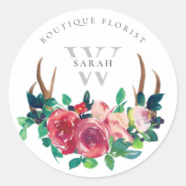 ボホ素朴レッドフローラスタン〔雄ジカの〕枝角モノグラム ラウンドシール