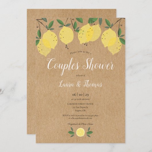 ボホ素朴レモングリーナリーカップルのシャワー 招待状 (正面/裏面)