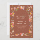 ボホ素朴ワイルドフラワーがオレンジ結婚色に 招待状 (正面)