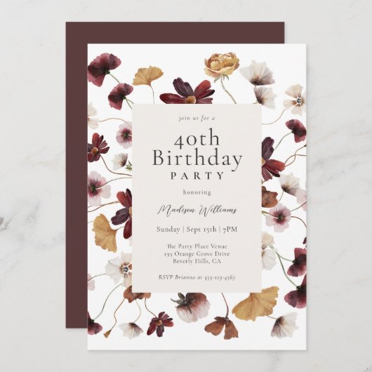 ボホ素朴ワイルドフラワーズ40歳の誕生日パーティー 招待状 (正面/裏面)
