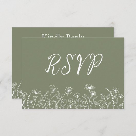ボホ素朴ワイルドフラワーフローラセージ緑RSVPカード 出欠カード (正面/裏面)