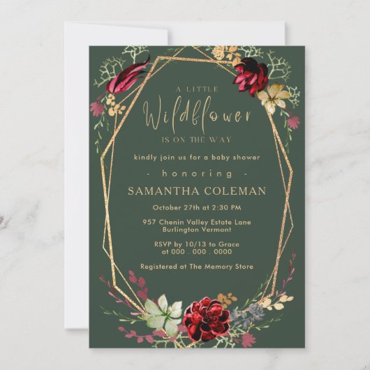 ボホ素朴ワイルドフラワー幾何学緑の赤ちゃんシャワー 招待状 (正面)