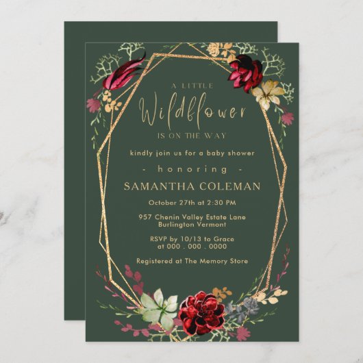 ボホ素朴ワイルドフラワー幾何学緑の赤ちゃんシャワー 招待状 (正面/裏面)