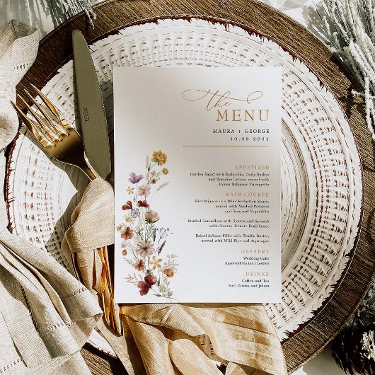 ボホ素朴ワイルドフラワー庭園の結婚式メニューカード 招待状